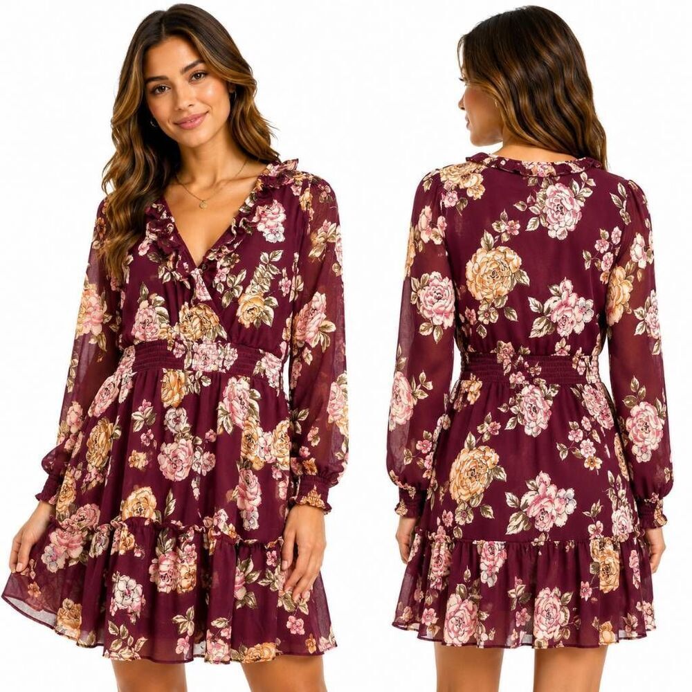 Maurices Floral Smocked Boho Dress Medium Burgundy